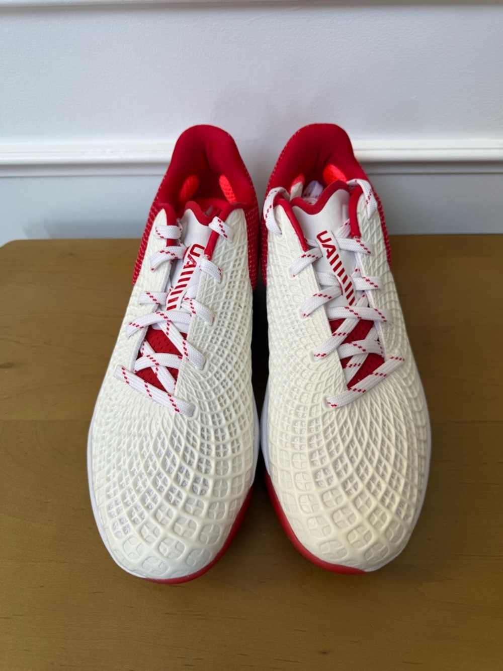 Under Armour White and Red Women’s Softball Metal Cleats